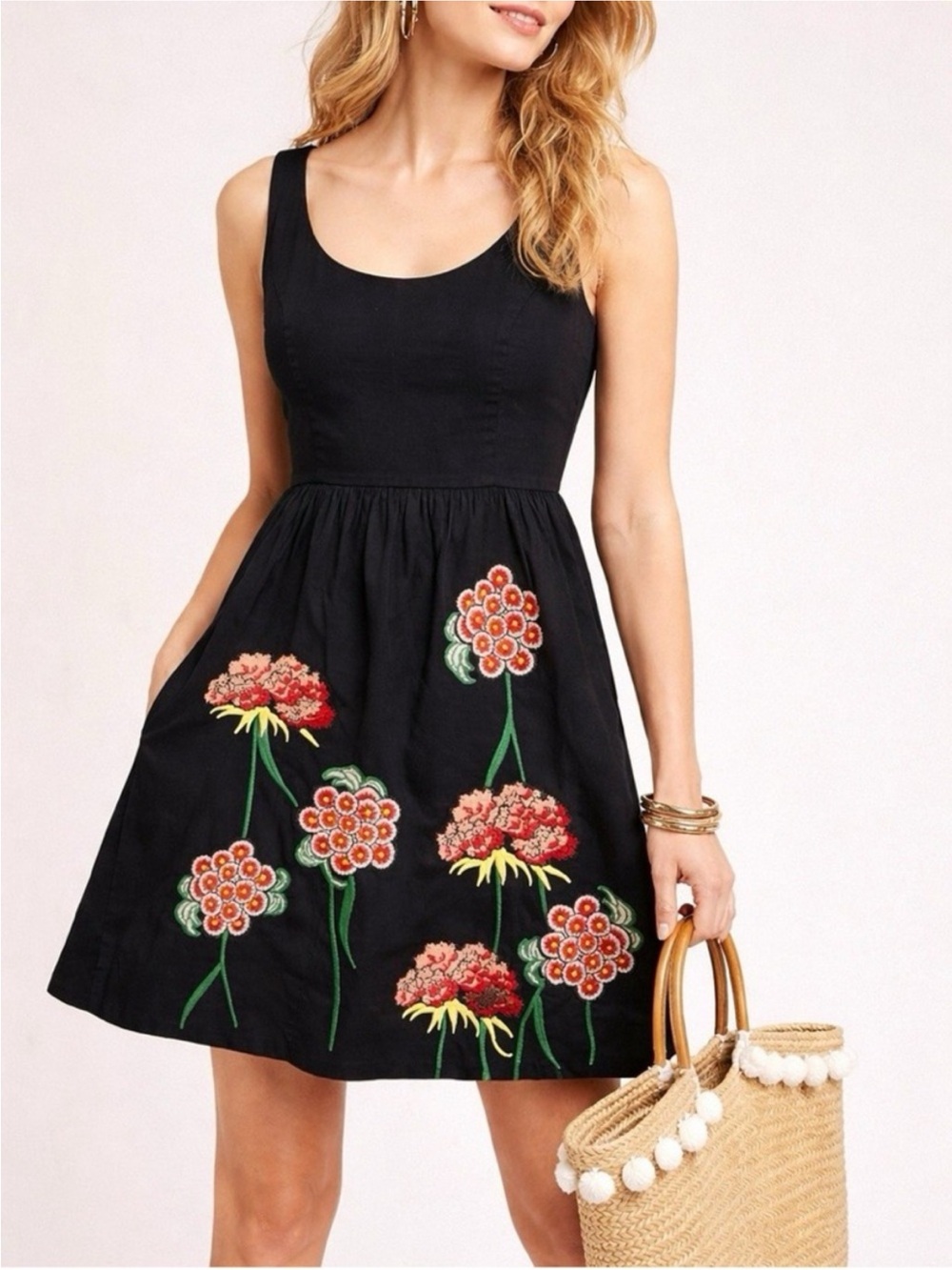 Floreat Black Sleeveless Dress with Multicolor Floral Embroidery